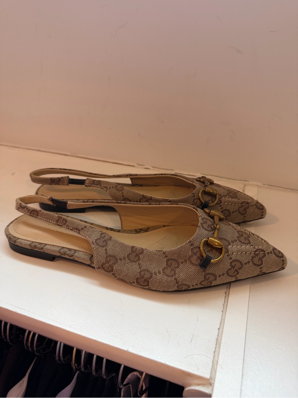 Designer Gucci-style Beige Monogram Slingback Flats with Gold Hardware - Picture 6 of 6